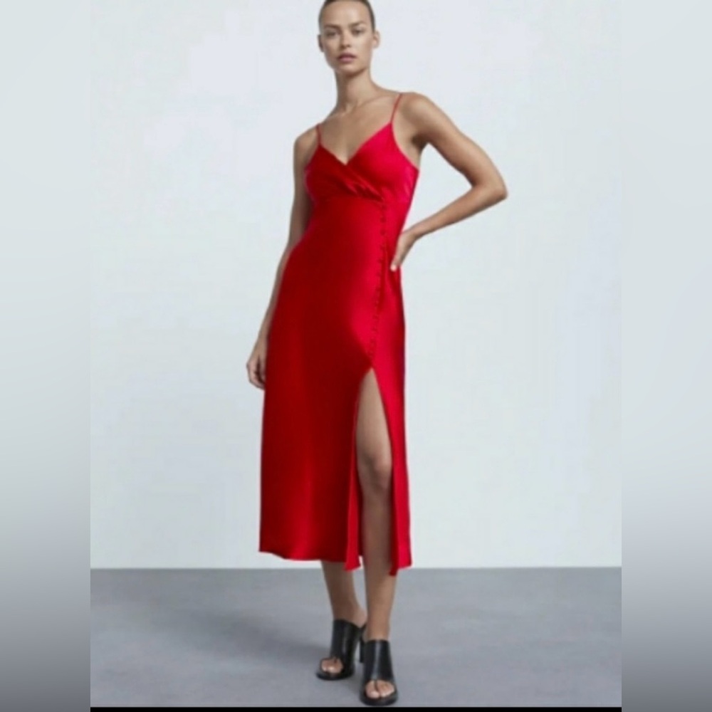 ZARA Red Satin Slip Dress XS – Button Detail, Silky, Elegant